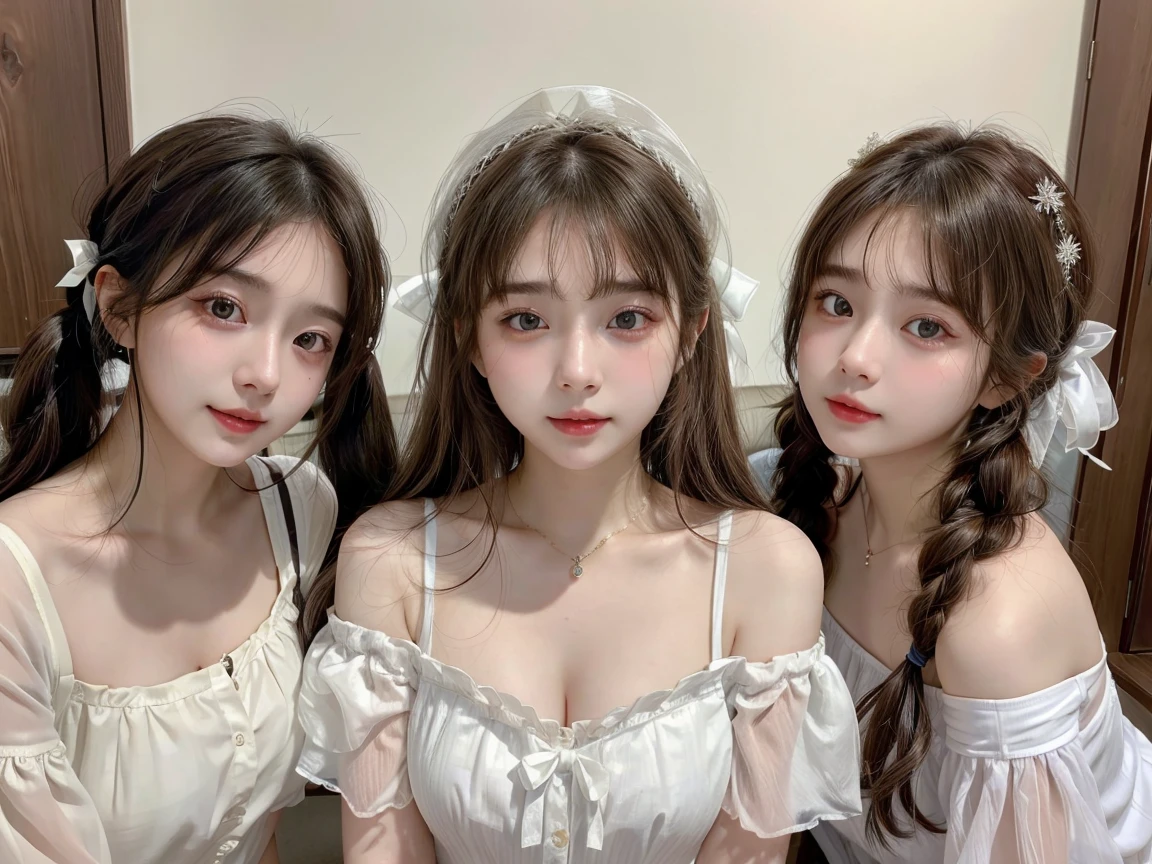 (3 girls)(((High quality、High precision、4K,8K)))、one woman、beautiful body、modest、hair accessories、Low Twintails、beautiful collarbone、white skin、Sensitive skin、move、groan、She is a good girl with good manners.、
