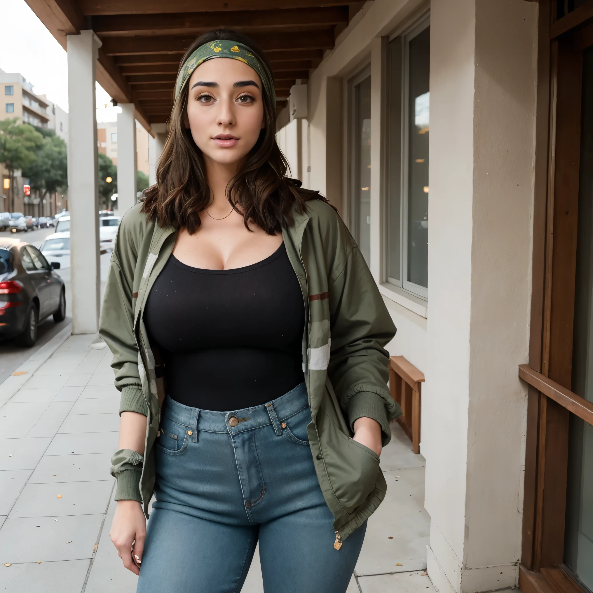 Extremely busty thin and toned brunette photographer, college girl, fair skin, loose side sweep, soft face, athletic, bandana babushka headwrap, tight olive green casual windbreaker, skinny jeans. standing in front of her apartment building, outdoors, city, camera bag, cleavage