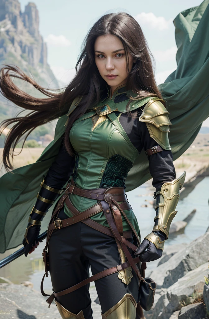 real, real photo, intricate details. A heroine woman, beautiful, serious expression on the face. long black hair, green eyes. He wears a green outfit with golden armor parts. in the background you can see a mountain,