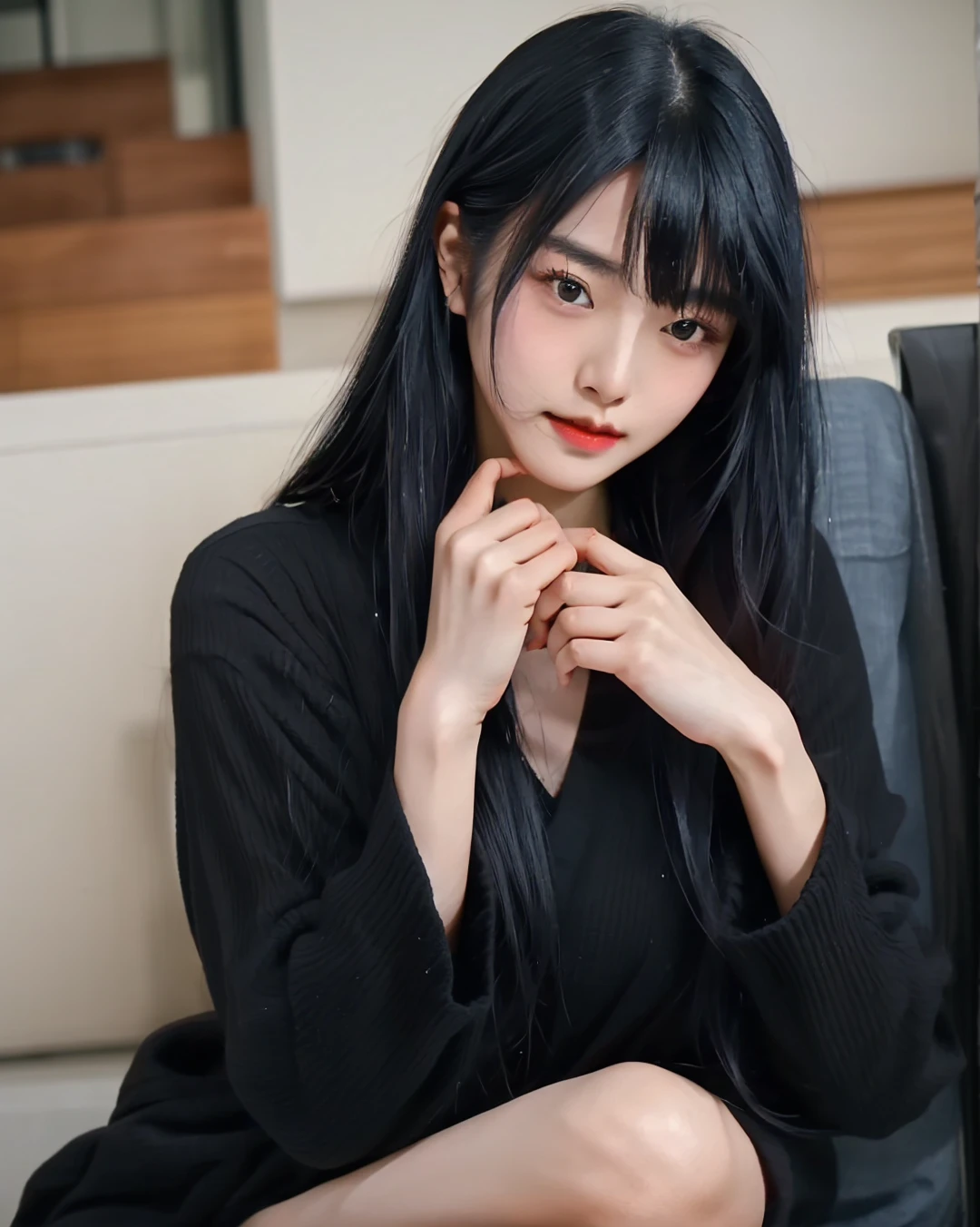 There is a woman with her arms pressed together, Ishida Sui with black hair, Yoshitomo Nara, Japanese Model, Black Hair Girl, Elegant Japan Woman, Shot with Canon EOS R 6, 