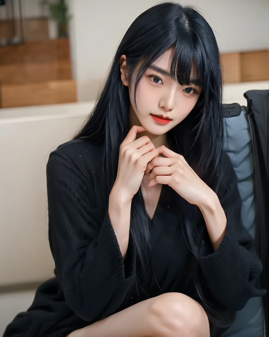 There is a woman with her arms pressed together, Ishida Sui with black hair, Yoshitomo Nara, Japanese Model, Black Hair Girl, Elegant Japan Woman, Shot with Canon EOS R 6,