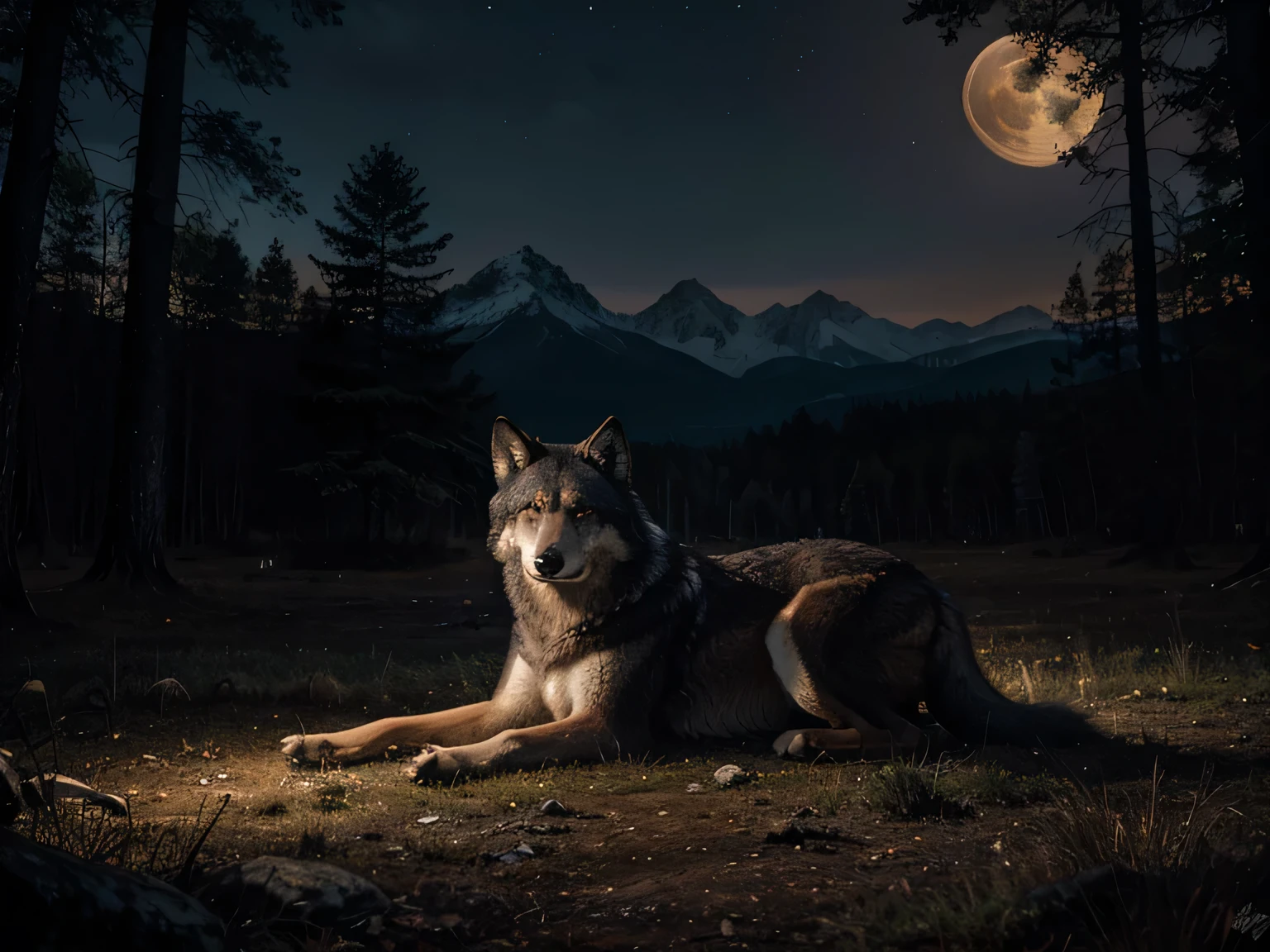 loba mãe terra ((oil painting, sharp focus)), vivid colors, moonlit landscape, dense forest, howling under the moonlight, mesmerizing view, glowing eyes, nighttime atmosphere, majestic posture, isolated silhouette, shadows and highlights, ominous presence, distant twinkling stars, tranquil ambiance, cores fortes, brilho luz, (best quality,4k,8k,highres,masterpiece:1.2),ultra-detailed,(realistic,photorealistic,photo-realistic:1.37