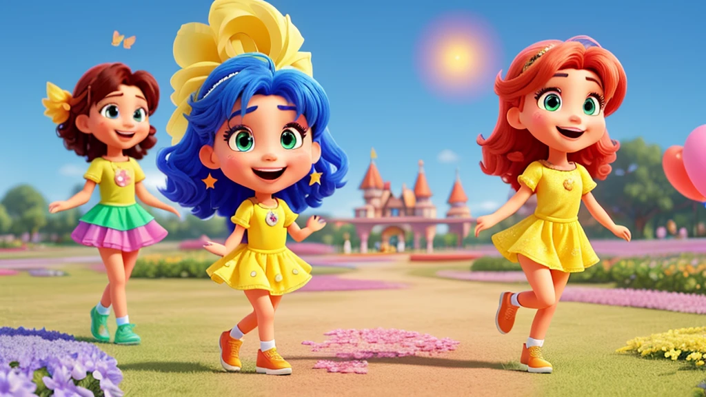 Create a vibrant and enchanting emotion illustration "cheerfulness" in a style reminiscent of Disney Pixar films. The character must exude happiness and enthusiasm, with a friendly, colorful look that is appealing to both children and adults. Character characteristics: Facial expression: A cheerfulness deve ter um sorriso radiante, With bright and expressive eyes. Your eyebrows should be slightly arched upwards, conveying a sense of excitement and positivity. body posture: The character must have an energetic posture, maybe jumping or dancing, with arms open or raised in a gesture of celebration. Clothing & Accessories: Vista a cheerfulness com uma roupa alegre e colorida, talvez um vestido leve em tons de amarelo e orange. Small details like stars or butterflies can be added to emphasize lightness and happiness. Colors and Lighting: Use a bright, vivid color palette, like yellow, orange, light blue and green. Lighting should be soft and warm, giving a special shine to the character. context: scenario: Coloque a cheerfulness em um ambiente alegre e acolhedor. It could be a field of colorful flowers, an amusement park or a clear sky with floating balloons. The setting should complement the character’s positive energy. artwork style: detalhamento: Maintain Disney Pixar's signature detailed, polished style, paying attention to small details in facial expressions, Costumes and scenery. animation: If possible, add a touch of movement to the image, like flowing hair or a swaying skirt, to convey a feeling of vivacity and joy.