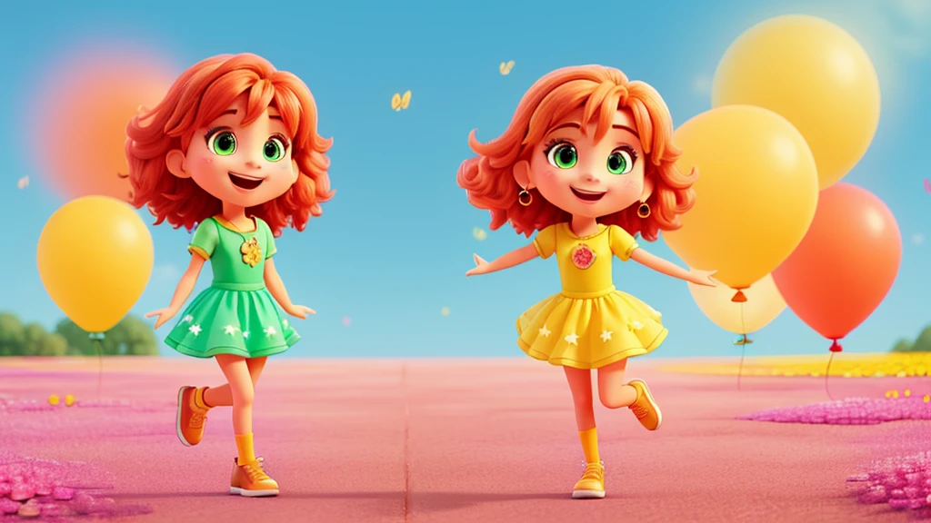 Create a vibrant and enchanting emotion illustration "cheerfulness" in a style reminiscent of Disney Pixar films. The character must exude happiness and enthusiasm, with a friendly, colorful look that is appealing to both children and adults. Character characteristics: Facial expression: A cheerfulness deve ter um sorriso radiante, With bright and expressive eyes. Your eyebrows should be slightly arched upwards, conveying a sense of excitement and positivity. body posture: The character must have an energetic posture, maybe jumping or dancing, with arms open or raised in a gesture of celebration. Clothing & Accessories: Vista a cheerfulness com uma roupa alegre e colorida, talvez um vestido leve em tons de amarelo e orange. Small details like stars or butterflies can be added to emphasize lightness and happiness. Colors and Lighting: Use a bright, vivid color palette, like yellow, orange, light blue and green. Lighting should be soft and warm, giving a special shine to the character. context: scenario: Coloque a cheerfulness em um ambiente alegre e acolhedor. It could be a field of colorful flowers, an amusement park or a clear sky with floating balloons. The setting should complement the character’s positive energy. artwork style: detalhamento: Maintain Disney Pixar's signature detailed, polished style, paying attention to small details in facial expressions, Costumes and scenery. animation: If possible, add a touch of movement to the image, like flowing hair or a swaying skirt, to convey a feeling of vivacity and joy.