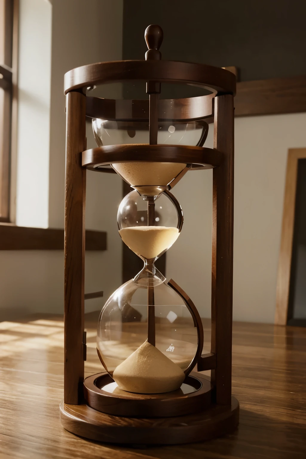 CLOSE UP OF AN HOURGLASS WITH WOODEN FRAMES WITH A PLAIN MAROON BACKGROUND