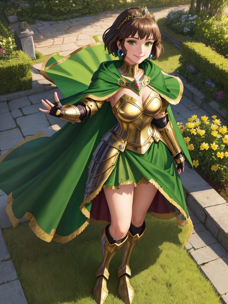 masterpiece, best quality:1.2), 1girl, smile, looking at viewer, green eyes, short brown hair, princess, armor, , pauldrons, armored dress, green cloak cape, wearing puffy blue ballgown skirt, golden tiara with green gem, armored boots, fingerless gloves, standing in medieval garden