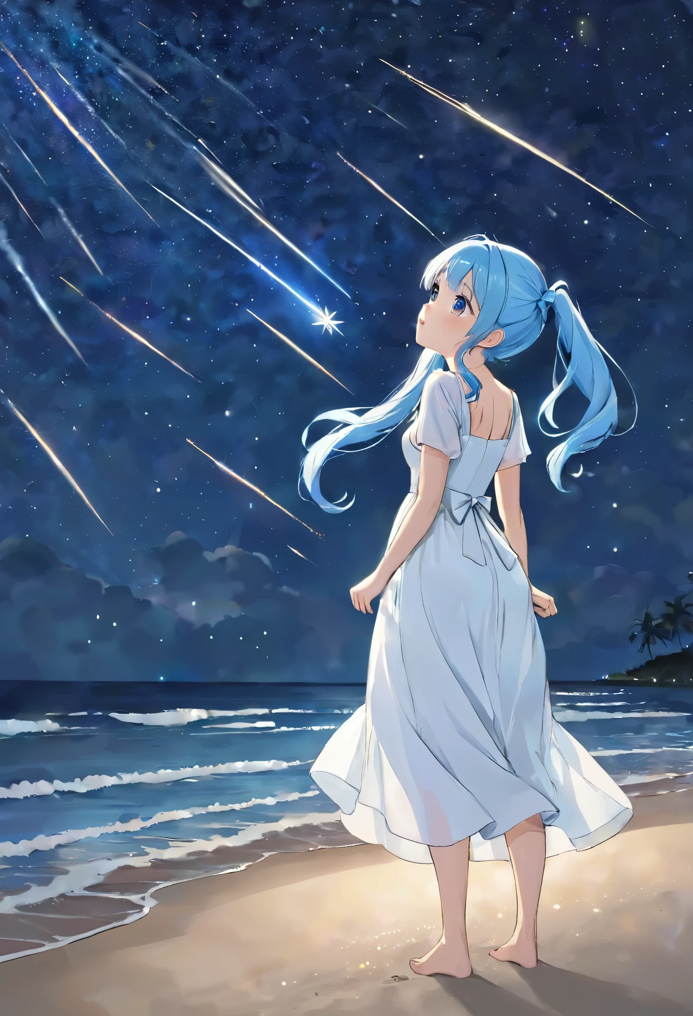 Night sky beach、Lots of shooting stars、Light blue long hair、Beautiful girl with twin tails、White long dress、Looking up at a shooting star