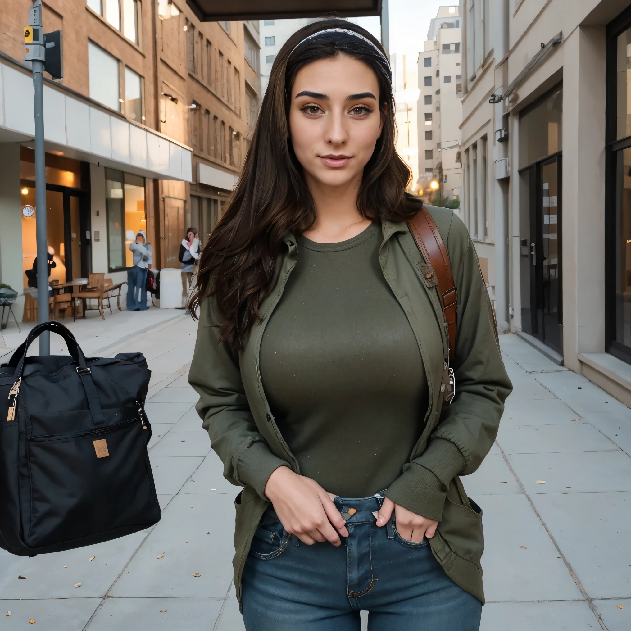 Extremely busty thin and toned brunette photographer, college girl, fair skin, loose side sweep, soft face, athletic, bandana babushka headwrap, tight olive green casual windbreaker, skinny jeans. standing in front of her apartment building, outdoors, city, camera bag, cleavage