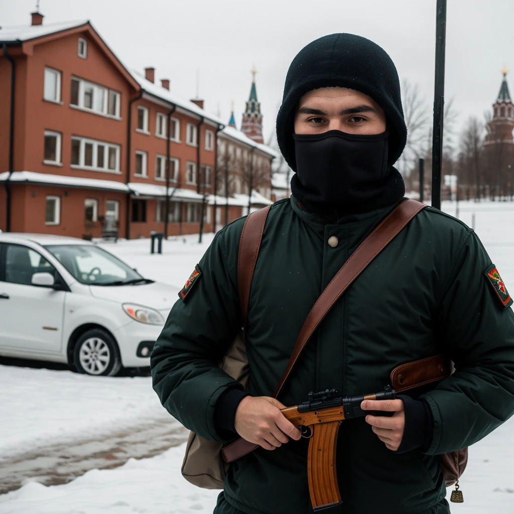 Best quality, Russian bandit in a balaclava with an AK-47 and a bag of money