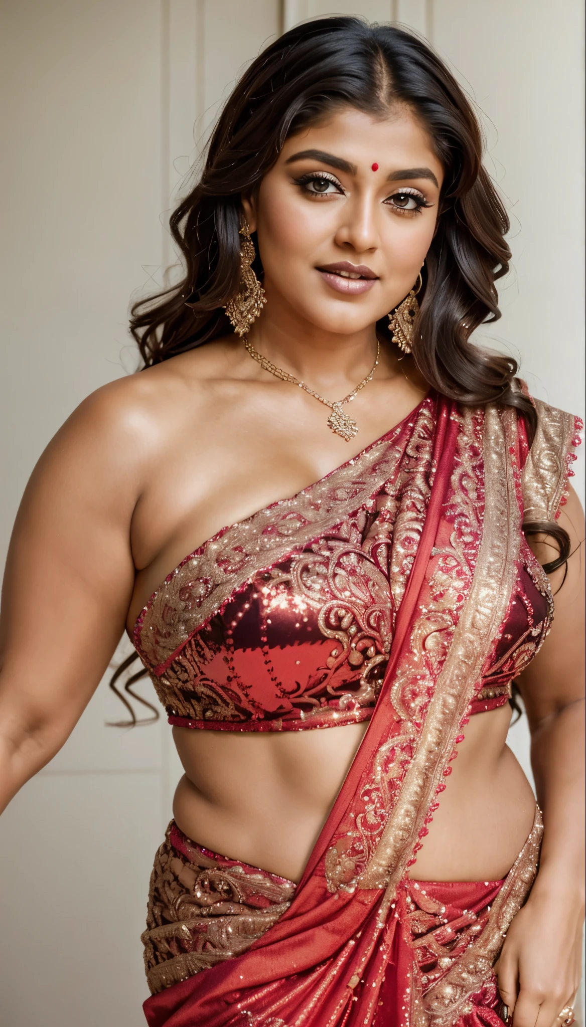 Looks like Nayanthara, milf, cougar lady witch, horny Gothic milf, 50 years old gorgeous mature lady, pervert demoness, demoness of lust, curvy, black lips, horny face, extremely gorgeous, thick figure, heavy physique, voluptuous, curvy, sexy figure, Fashionable portrait of androgynous alien looking witch wearing veil, glowing eyes, futuristic design, minimal details, givenchy, photoreal, 200mm, hd, f/ 2.0, highly detailed, surreal, sexy beautiful evil woman, sexy bold sequin Saree with strapless Bra, chudail, Pishachini, horror genre, blood-thirsty enchantress, powerful female spirit, eerie, drop dead, in the style of red and blue, (intricate details, hyperdetailed:1.15) (skin texture:1.2), dark Moody tone, cinematic lighting, haunted place in background,