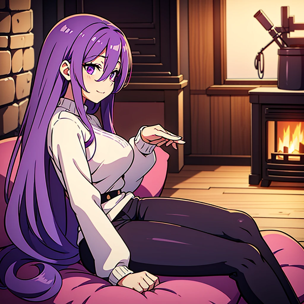 Yuri from ddlc, big chest, purple hair, waist-long hair, straighr hair, purple eyes, slight smile, Cream white-sweater, black leggings, short brown boots, purple hairpin, anime style, viev from the side, collored sketch, sitting by a fireplace inside a log cabin