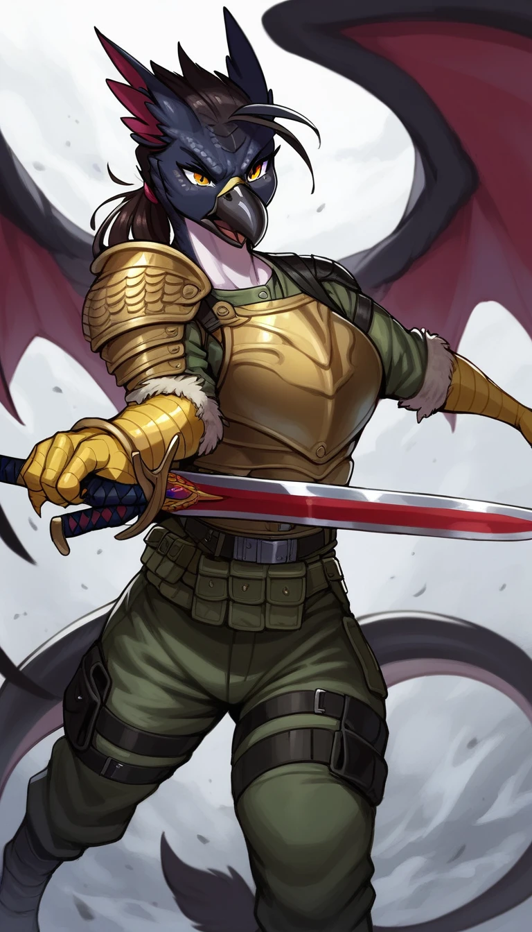  score_9_up, ((adult)), (gryphon:1.2), (solo, female, dragon scales, black scales), with Center parted shoulder length hairstyle, (wearing military armor, pants), (holding weapon, sword), action pose, show legs, scene background