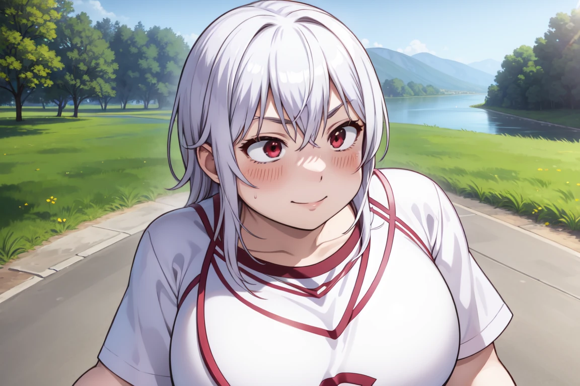 red eyes, accelerator (toaru majutsu no index), white hair, shirt, girl:1.3, big breasts, soft features, round face, outdoors, lake, smile, blush, upper body, fat