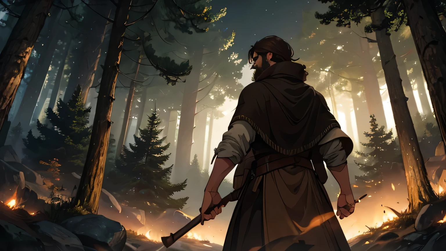 motion scene, back view of Man with dark brown beard, long dark brown hair, light yellowish brown eyes and dark brown and light brown tunic from the 4th century BC. C., with a light brown cloak, about 50 years old, attacking with a wooden stick, in a dark and mysterious forest at night, movement scene in the forest, changing lighting, hyper-realistic, cinematic lighting,