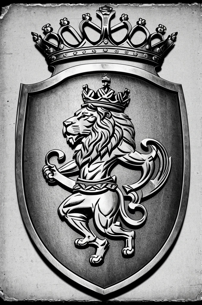Football shield with a lion and a crown in black and white in the style of the Chelsea shield
