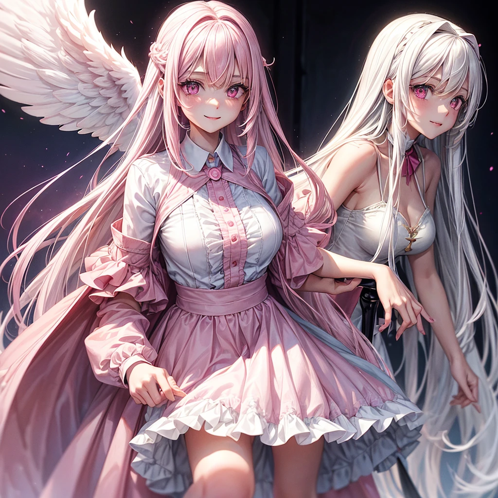 A age angel with long straight white hair and pink eyes, ful dressed , she smiled, beautiful and bright eyes,light pink eyes below and dark pink above, she wears a pink blouse, she wears a white skirt