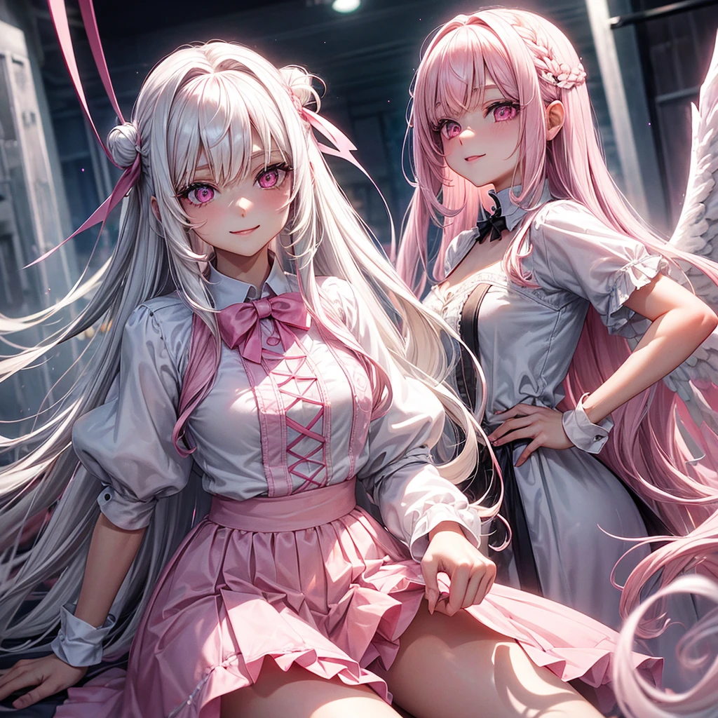 A teenage angel with long straight white hair and pink eyes, ful dressed , she smiled, beautiful and bright eyes,light pink eyes below and dark pink above, she wears a pink blouse, she wears a white skirt