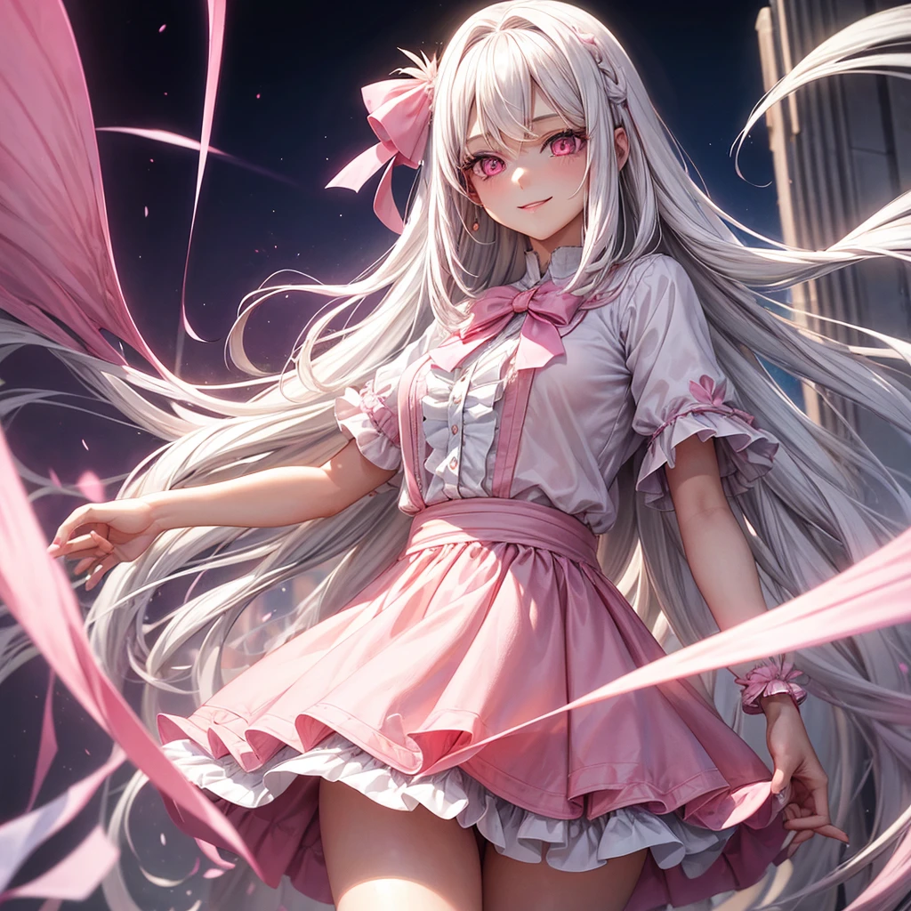 A  angel with long straight white hair and pink eyes, ful dressed , she smiled, beautiful and bright eyes,light pink eyes below and dark pink above, she wears a pink blouse, she wears a white skirt