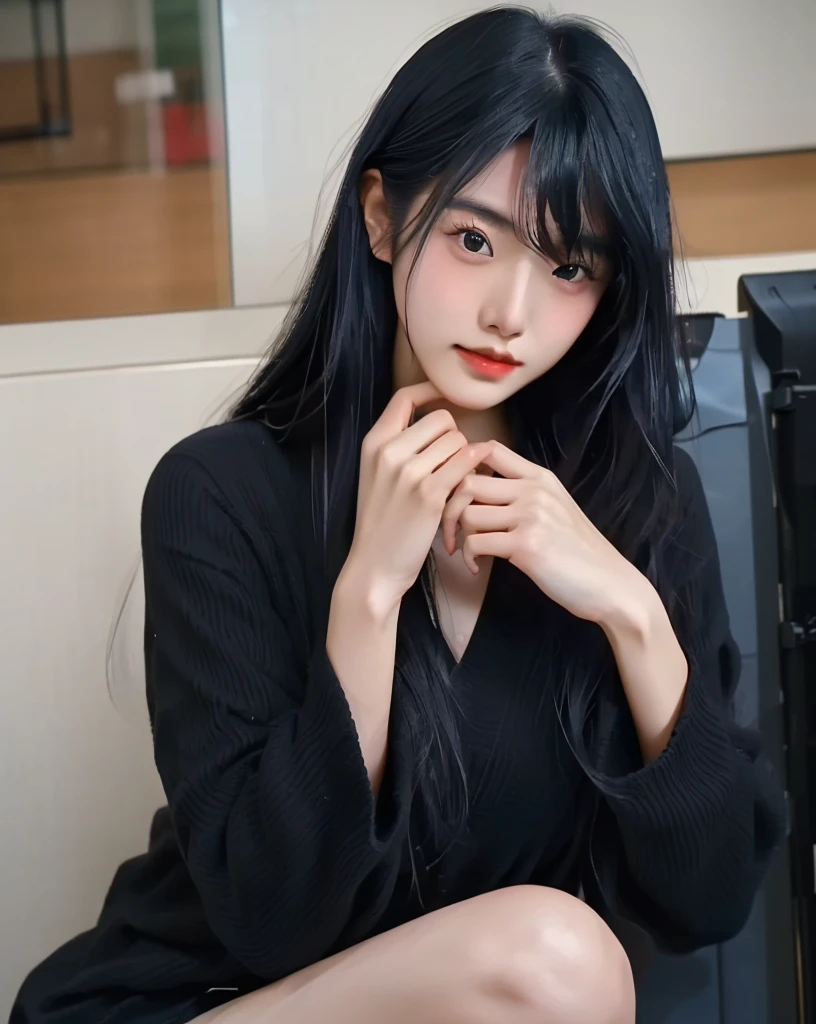 There is a woman with her arms pressed together, Swimwear,Ishida Sui with black hair, Yoshitomo Nara, Japanese Model, Black Hair Girl, Elegant Japan Woman, Shot with Canon EOS R 6,