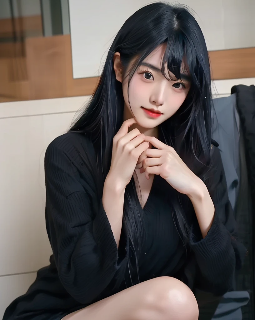 There is a woman with her arms pressed together, Swimwear,Ishida Sui with black hair, Yoshitomo Nara, Japanese Model, Black Hair Girl, Elegant Japan Woman, Shot with Canon EOS R 6,