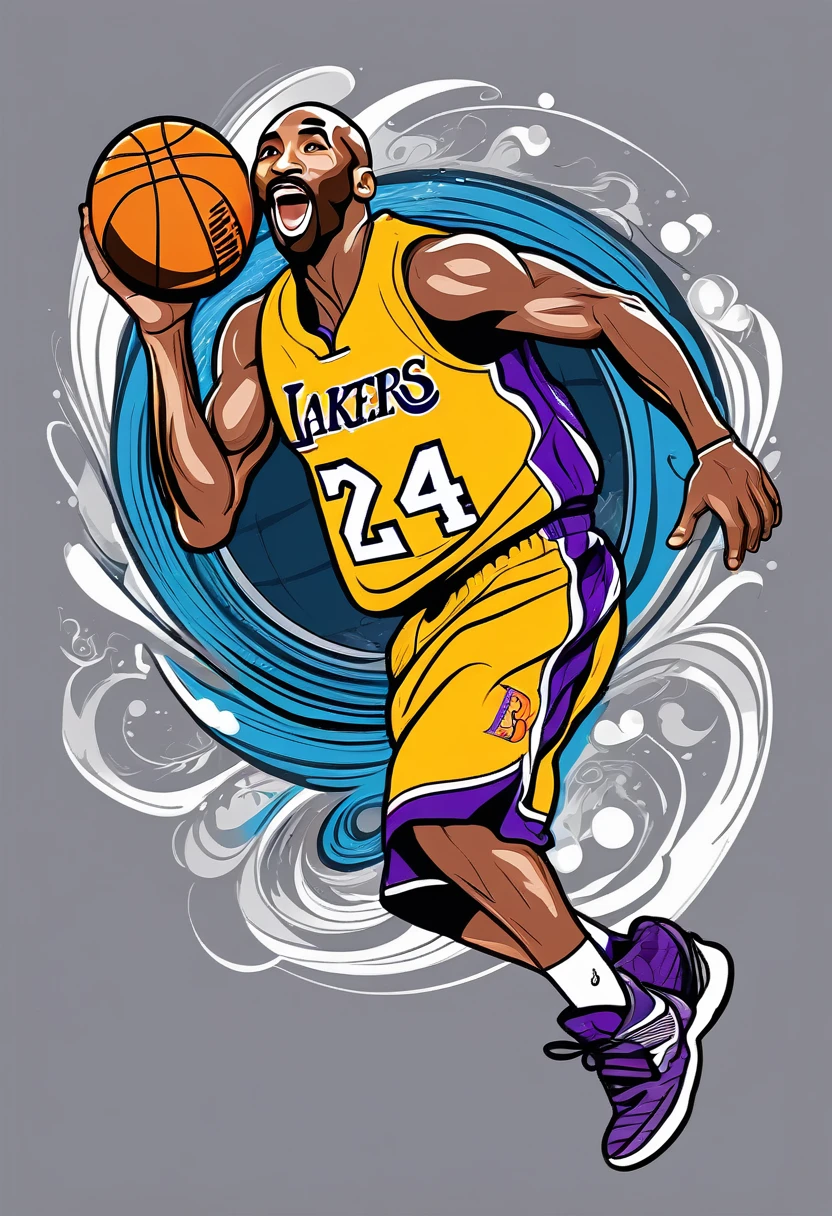 A vector design for a t-shirt, with a Kobe Bryant in jump featuring elements of [[baceball] in the style of hyper-detailed illustrations with a colorful, 
cartoonish style in high resolution using [gray] colors and hard edge lines, along with swirling details and high contrast