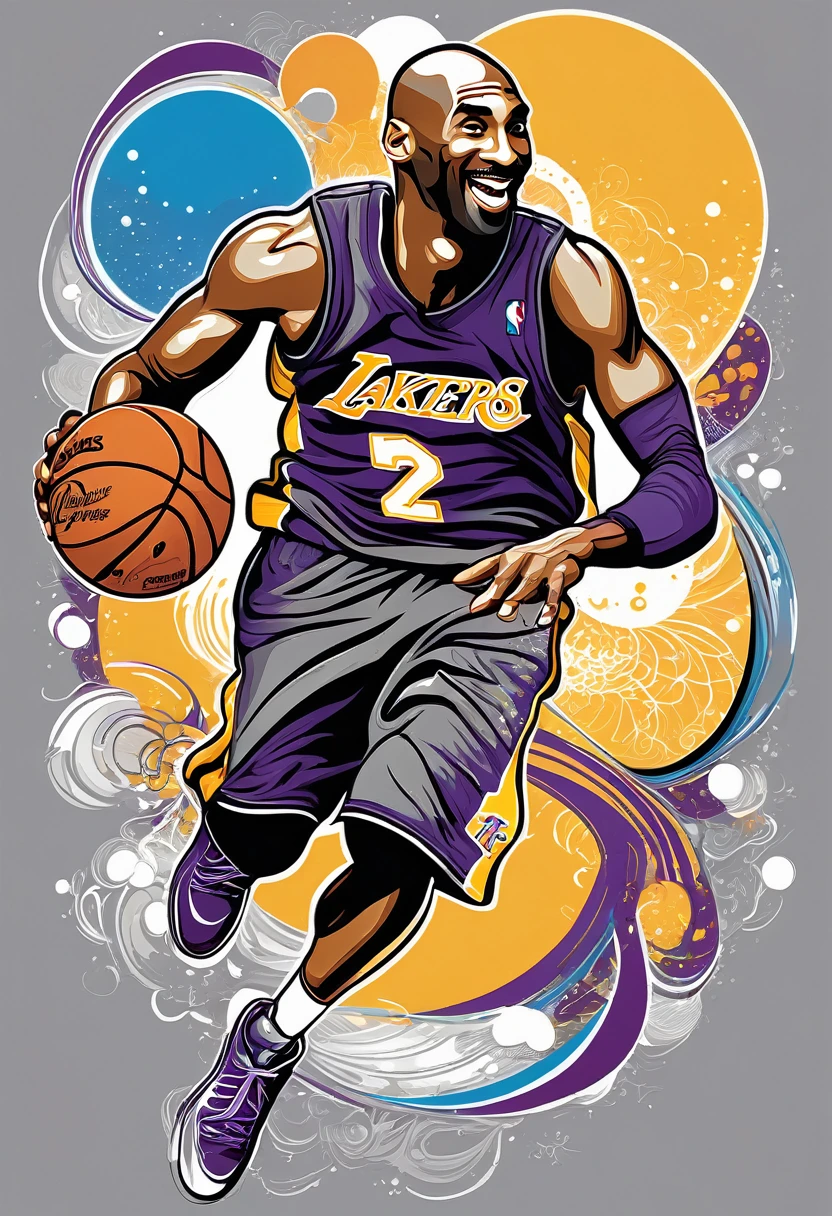 A vector design for a t-shirt, with a Kobe Bryant in jump featuring elements of [[baceball] in the style of hyper-detailed illustrations with a colorful, 
cartoonish style in high resolution using [gray] colors and hard edge lines, along with swirling details and high contrast