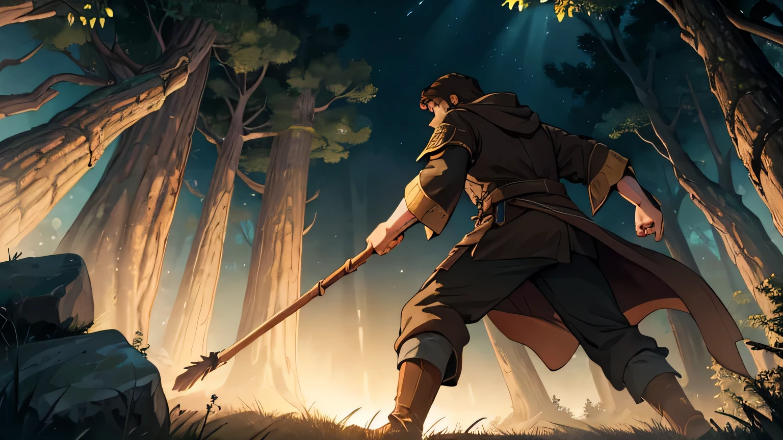 motion scene, back view of Man with dark brown beard, long dark brown hair, light yellowish brown eyes and dark brown and light brown tunic from the 4th century BC. C., with a light brown cloak, about 50 years old, attacking with a wooden stick, in a dark and mysterious forest at night, movement scene in the forest, changing lighting, hyper-realistic, cinematic lighting,
