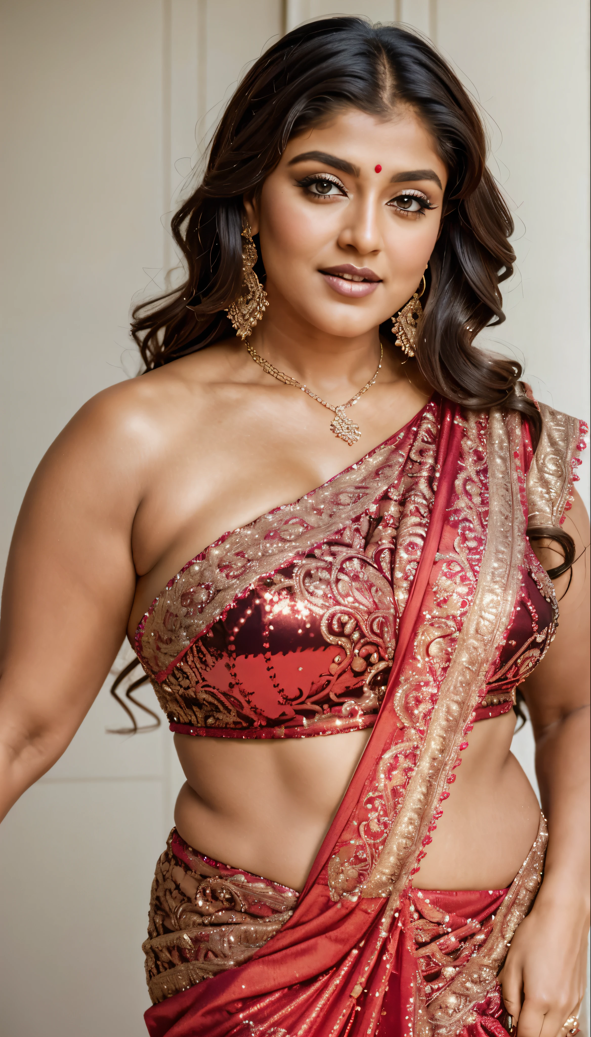 please give me imagine prompts to using this word: nsfw, Vidya Balan, The large canal between the two breasts, A standing posture without any posture, Remelon Womens Sexy Spaghetti Strap Deep V Neck Floral Boho Criss Cross Backless Chiffon Beach Party Long Maxi Neon Gold Dresst Sultry Plus size MILF exhibitionist amorous lady with small breasts