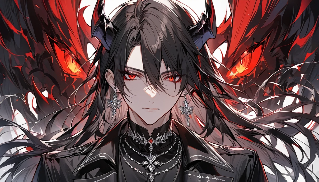 alone, good looking, 1 male, Long hair, Middle parted, Black hair, Red eyes, Black shirt, White Thailand, Black Trench Coat, Royal Silver Jewellery, Royal Demon Earrings, Black horns, Front Facing