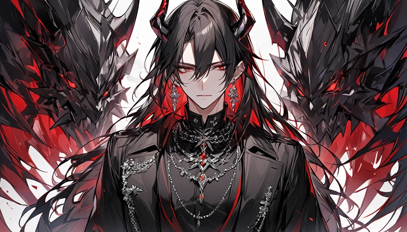 alone, good looking, 1 male, Long hair, Middle parted, Black hair, Red eyes, Black shirt, White Thailand, Black Trench Coat, Royal Silver Jewellery, Royal Demon Earrings, Black horns, Front Facing