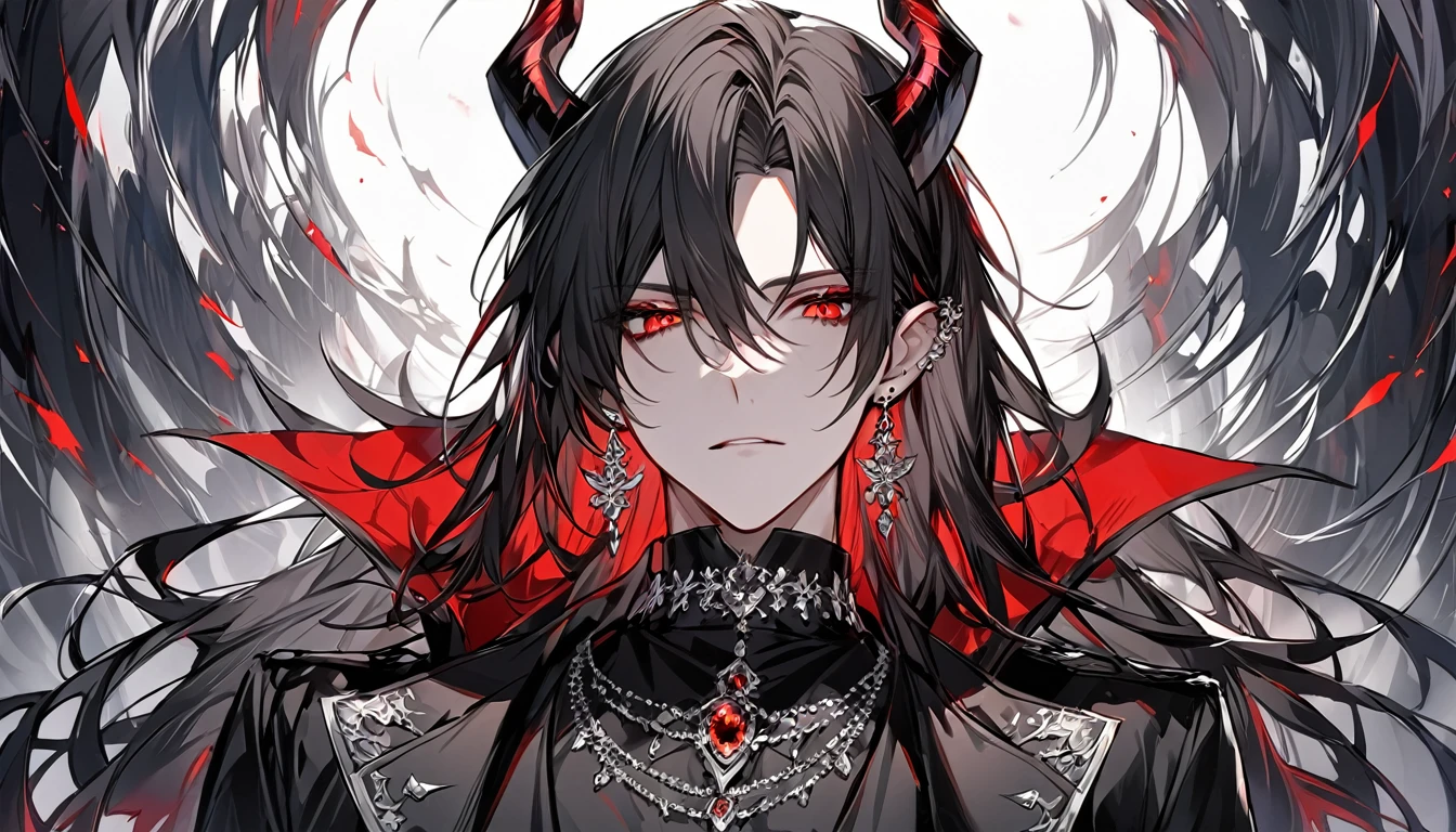 alone, good looking, 1 male, Long hair, Middle parted, Black hair, Red eyes, Black shirt, White Thailand, Black Trench Coat, Royal Silver Jewellery, Royal Demon Earrings, Black horns, Front Facing