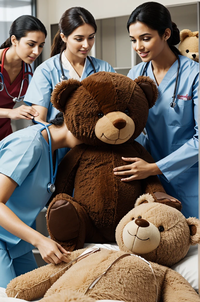 Teddy bear in the center with nurses and doctors taking care of him