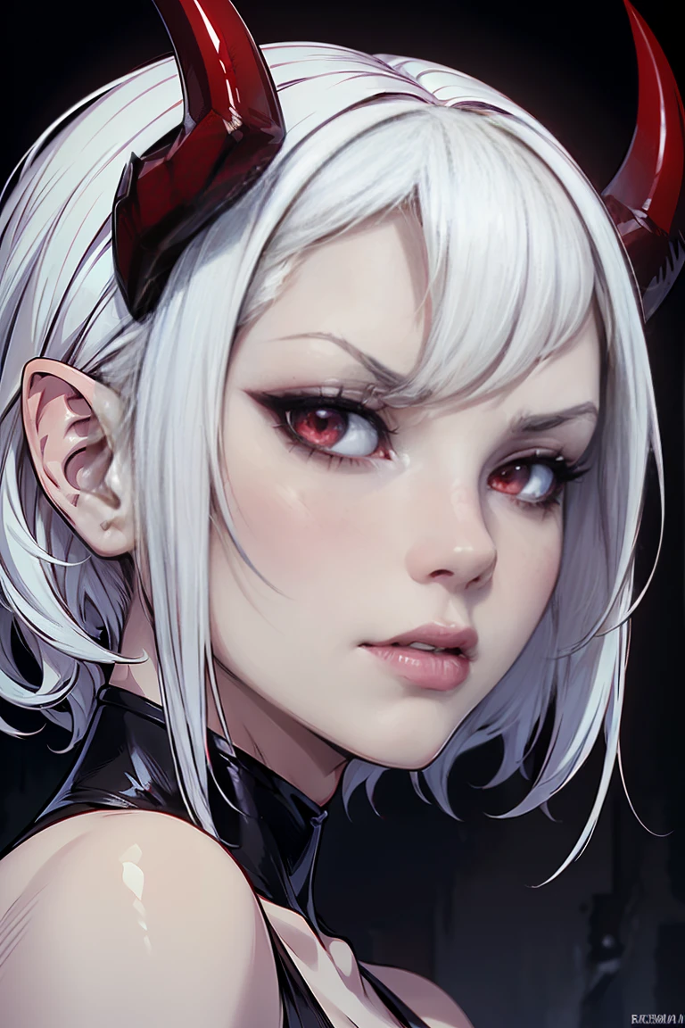 photo(portrait, from the front, close up, facing camera) of a woman(solo, succubus, short hair, wavy hair, white hair, pale skin, small nose, red eyes, cruel face, black horns, sadistic, violent, evil, perverted, grim, cold), hentai game, anime, best quality, masterpiece, maximum detail, high resolution 
