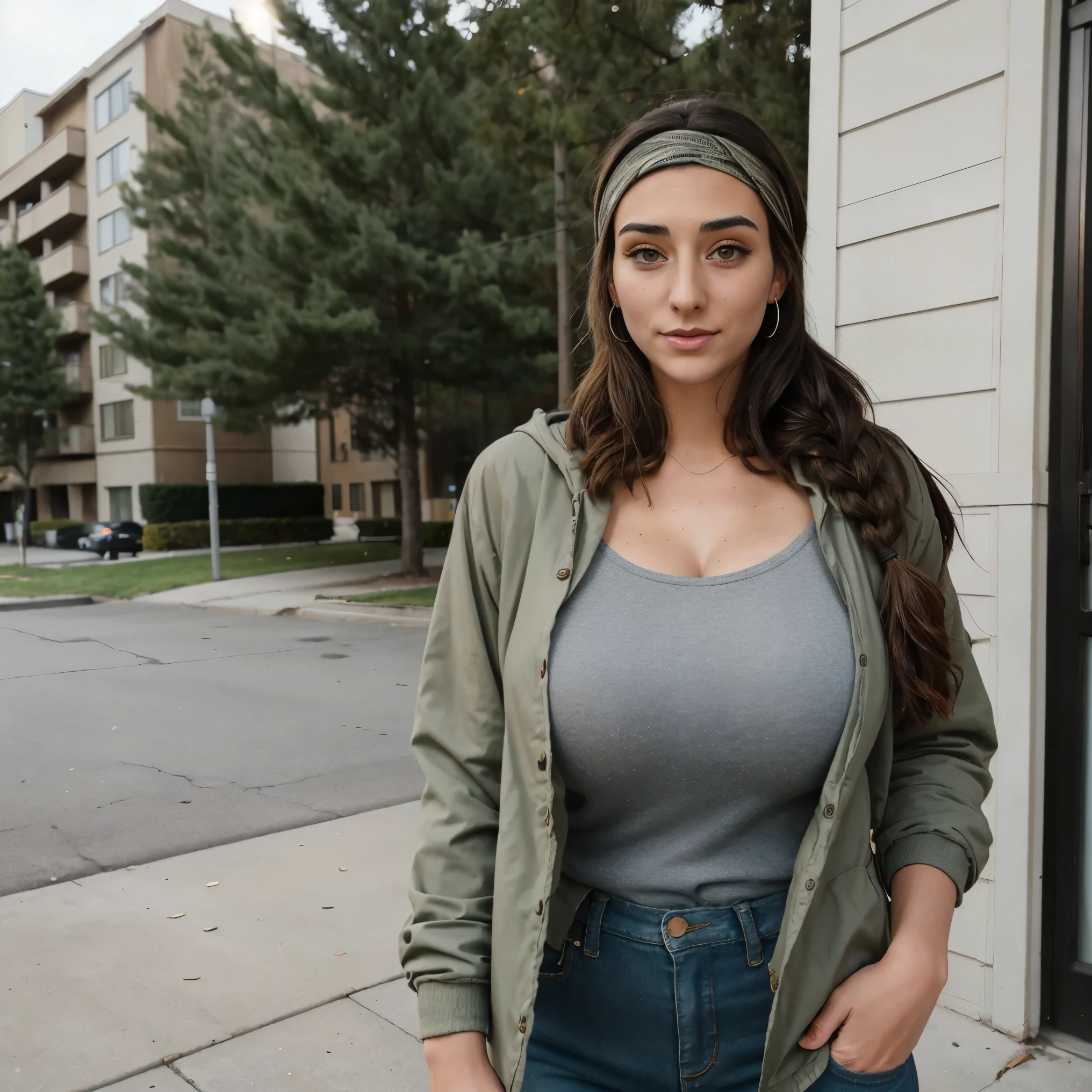 Extremely busty thin and toned brunette photographer, college girl, fair skin, loose side braid, soft face, athletic, bandana babushka headwrap, tight olive green casual windbreaker, skinny jeans. standing in front of her apartment building, outdoors, city, camera bag, cleavage 