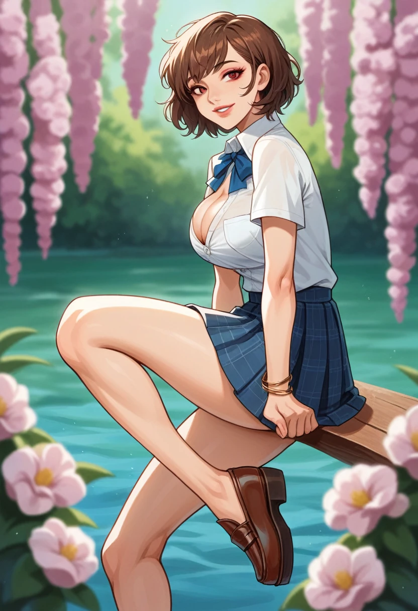 nsfw, 8K raw photo, Best quality, masterpiece, ultra high res, film grain, filmg, 1girl, looking at viewer, natural skin texture, realistic eye and face details, full lips, lipstick, (makeup), red eyeshadow, fluffy short hair, messy hair, smile, close mouth, beautiful legs, tall female, skinny, slim_legs, solo, enormous breast, cleavage, Pose with buttocks facing you, ultra short skirt, ass, shirt, beautiful nature location, around flower location, (detailed background), plaid skirt, white shirt, enormous breast, cleavage, Show a little cleavage through the shirt, loafers, blurry background, blurry, holding, plaid, short sleeves, jk ribbon on the neck, jk ribbon, brown hair, bracelet, water, bangs, , jewelry, parted lips, lips, from side, pleated skirt, depth of field