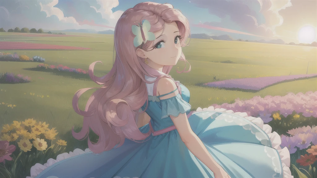 (masterpiece, best quality:1.2),cowboy shot,solo,1girl,mlpfluttershy,slight smile,looking at viewer,arms behind back,hair flower,dress,in a field of flowers,clouds,dynamic lighting,