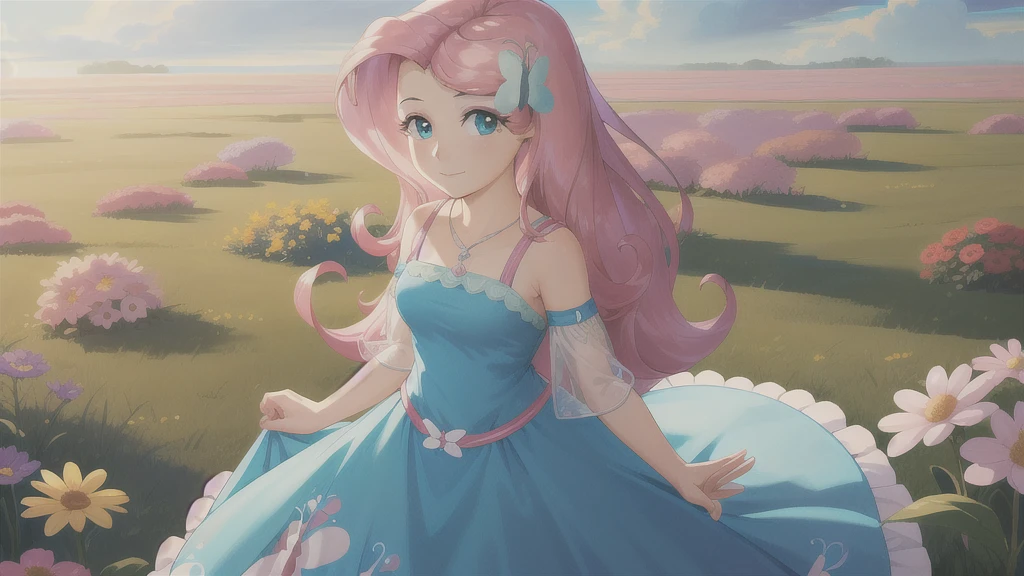 (masterpiece, best quality:1.2),cowboy shot,solo,1girl,mlpfluttershy,slight smile,looking at viewer,arms behind back,hair flower,dress,in a field of flowers,clouds,dynamic lighting,