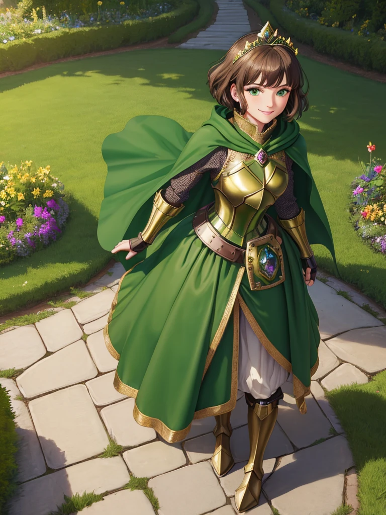 masterpiece, best quality:1.2), 1girl, smile, looking at viewer, green eyes, short brown hair, princess, armor, , pauldrons, armored dress, green cloak cape, wearing puffy blue ballgown skirt, golden tiara with green gem, armored boots, fingerless gloves, standing in medieval garden