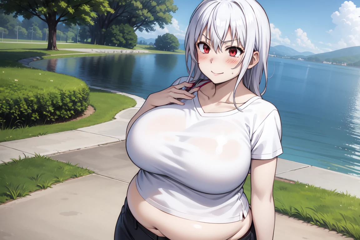 red eyes, accelerator (toaru majutsu no index), white hair, shirt, girl:1.3, big breasts, soft features, round face, outdoors, lake, smile, blush, fat