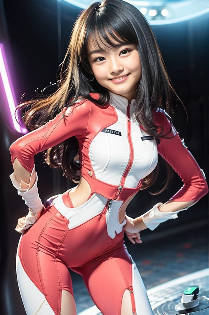 (8K、Raw photography、Highest quality、masterpiece:1.2),(Black Hair、Dark Eyes:1.9),(Plug Suit:1.6)、View your audience,Viewed from the front,White skin,(:1.4)、(Tight waist:1.6)、(Clothes that accentuate the shape of the :1.0)、(Big BreSlim figure、Ultigh resolution,beautiful,beautiful fece,(One person、No background:1.9),whole bodyボディー,Japanese women,(reality的:1.37)、Photon Mapping,reality、(Baby-faced and cute: 1.4)、(Cute Smile: 1.8)、(Round face: 1.8)、Radio City、Physically Based Rendering、Depth of field rally background、photograph, (I can see your knees、Thigh close-up:1.8),(:1.6),whole body、Great quality