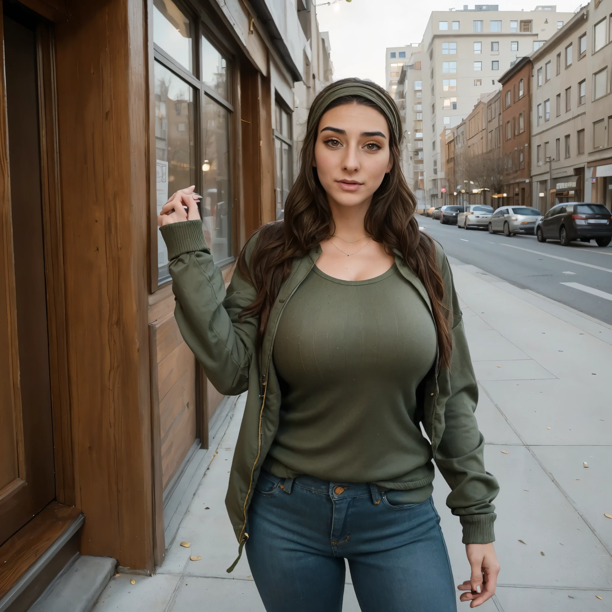 Extremely  thin and toned brunette photographer, college girl, fair skin, loose side braid, soft face, athletic, bandana babushka headwrap, tight olive green casual windbreaker, skinny jeans. standing in front of her apartment building, outdoors, city, camera bag, cleav