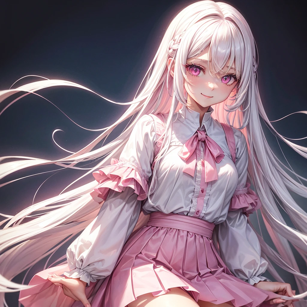 A teenage angel with long straight white hair and pink eyes, ful dressed , she smiled, beautiful and bright eyes,light pink eyes below and dark pink above, she wears a pink blouse, she wears a white skirt , unsmooth skin, 2D quality.