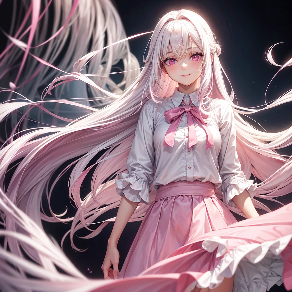 A teenage angel with long straight white hair and pink eyes, ful dressed , she smiled, beautiful and bright eyes,light pink eyes below and dark pink above, she wears a pink blouse, she wears a white skirt , unsmooth skin, 2D quality.