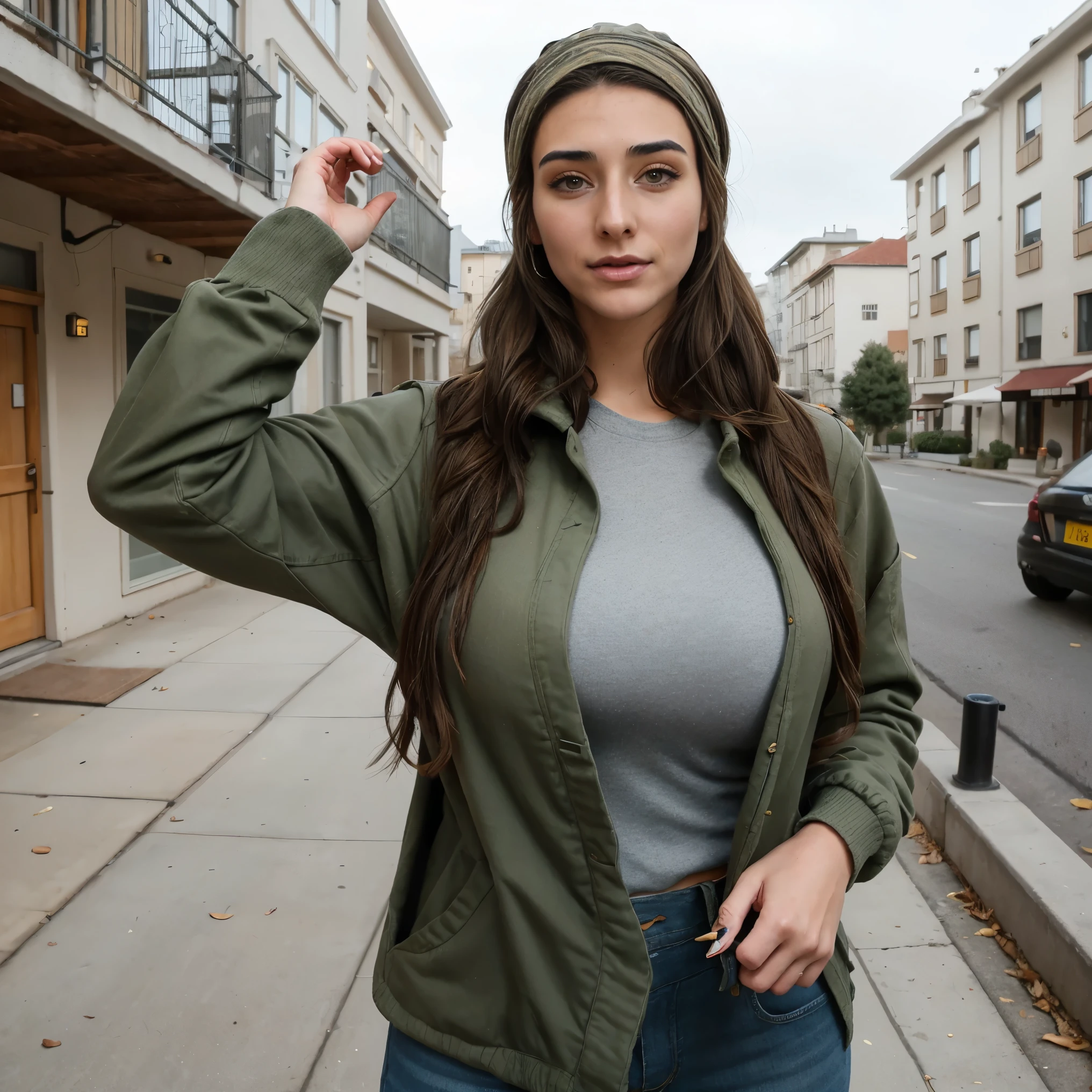 Extremely busty thin and toned brunette photographer, college girl, fair skin, loose side braid, soft face, athletic, bandana babushka headwrap, tight olive green casual windbreaker, skinny jeans. standing in front of her apartment building, outdoors, city, camera bag, cleavage 