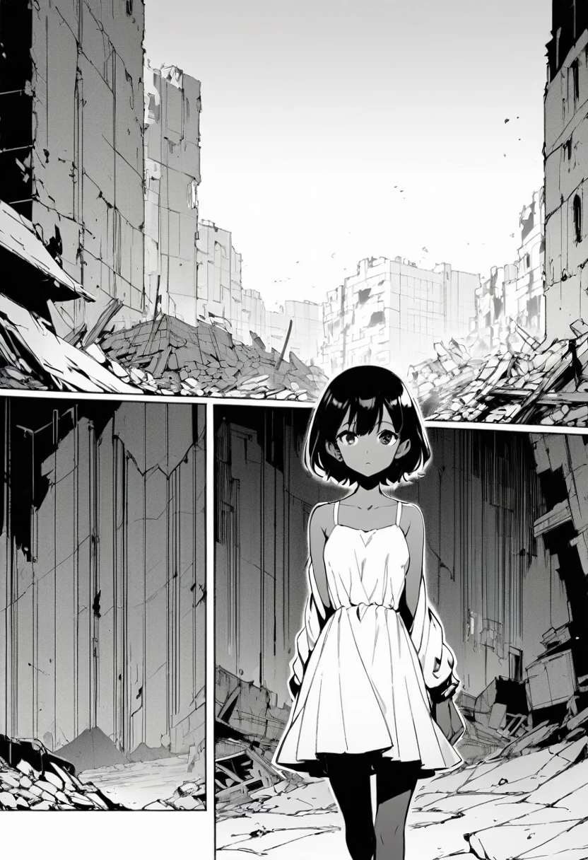 best quality , monochrome, lineart, 1girl, short dark hair, tan skin, freckles, flowing white dress, emotionless expression, staring into the distance, wide shot, background in ruins, oldest, comic