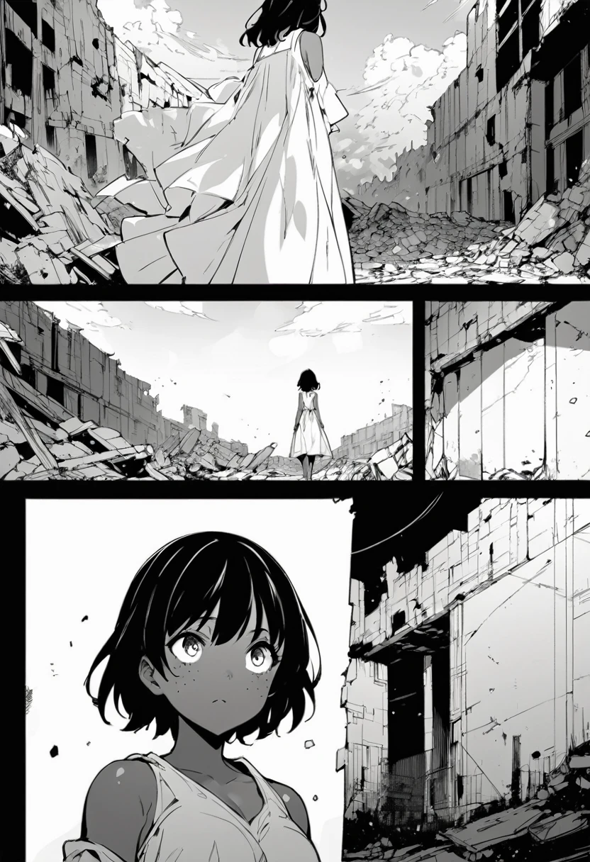best quality , monochrome, lineart, 1girl, short dark hair, tan skin, freckles, flowing white dress, emotionless expression, staring into the distance, wide shot, background in ruins, oldest, comic