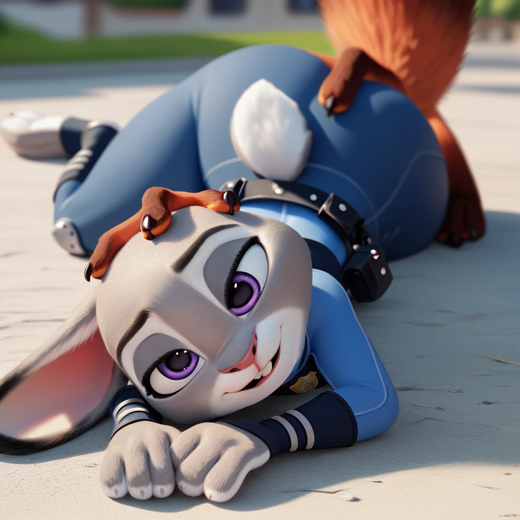 By disney pixar, 3d, duo, by qupostuv35, macro, ((judy hopps, lying down)), female, zootopia, Police uniform, thigh crushing, (break, (micro nick wilde between Judy's thighs)), butt, full body