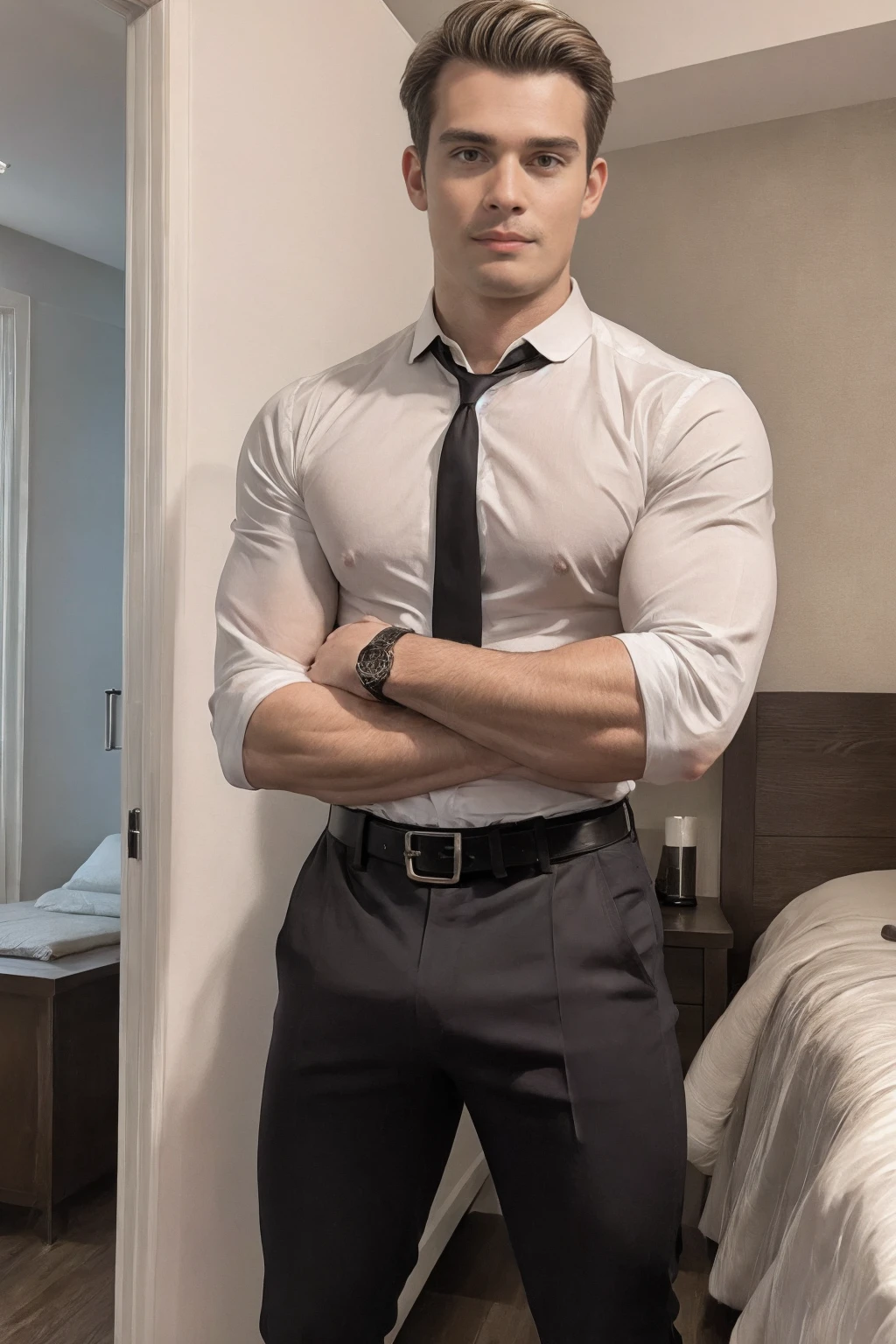 Portrait of Nicholas Galitzine, he is (wearing a fitted tight white button-up shirt with two buttons undone:1.3), (sleeves rolled up to his elbow; sleeves tight against his big biceps:1.3), (he is wearing fitted black dress pants, with belt:1.3), (bulge++), handsome man, attractive man, handsome male, (standing in hotel bedroom, leaning against doorframe:1.3), inspired by Pablo Munoz Gomez, editorial photograph, wide angle, upper portrait of Nicholas Galitzine, by Roman Bezpalkiv, by Artur Tarnowski, maxim sukharev, by Gabor Szikszai, Highly Detailed, highly detailed, toned body, toned muscular, big biceps, styled blonde hair, hazel eyes, ((nighttime:1.3)), ((midnight:1.3)), ((only source of light: bedside table:1.3)),