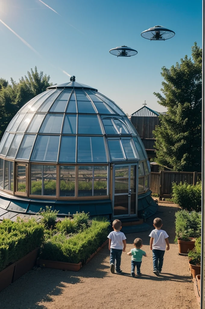 Create a photo for me on a roof with 2 children and with greenhouses and on the roof where there is no greenhouse a UFO should land