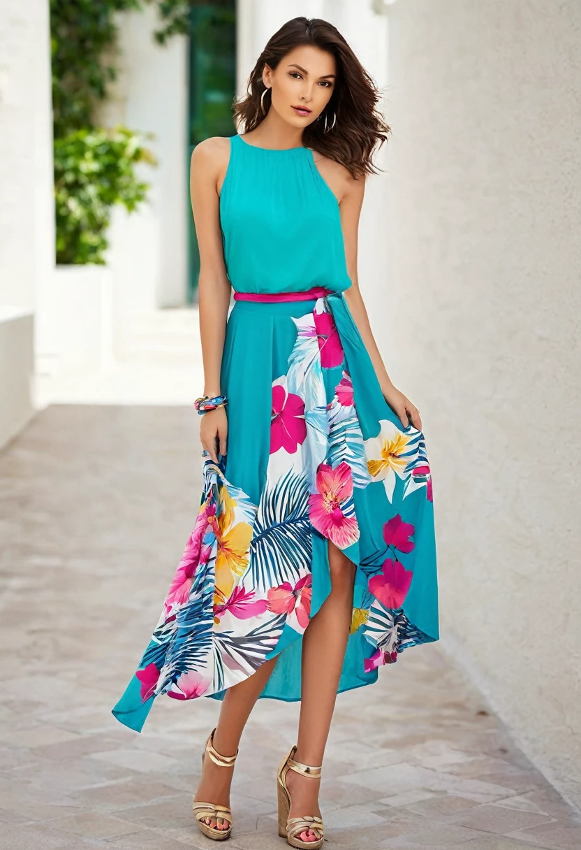 Create a collection of photos showcasing chic and modern women's summer outfits. The photos should include cool dresses, light tops, colorful skirts, and other summer clothing. Colors should be bright and attractive, with trendy patterns and modern designs. Backgrounds should evoke summer environments such as the beach, park, or city streets. Emphasize the comfort and style of the outfits